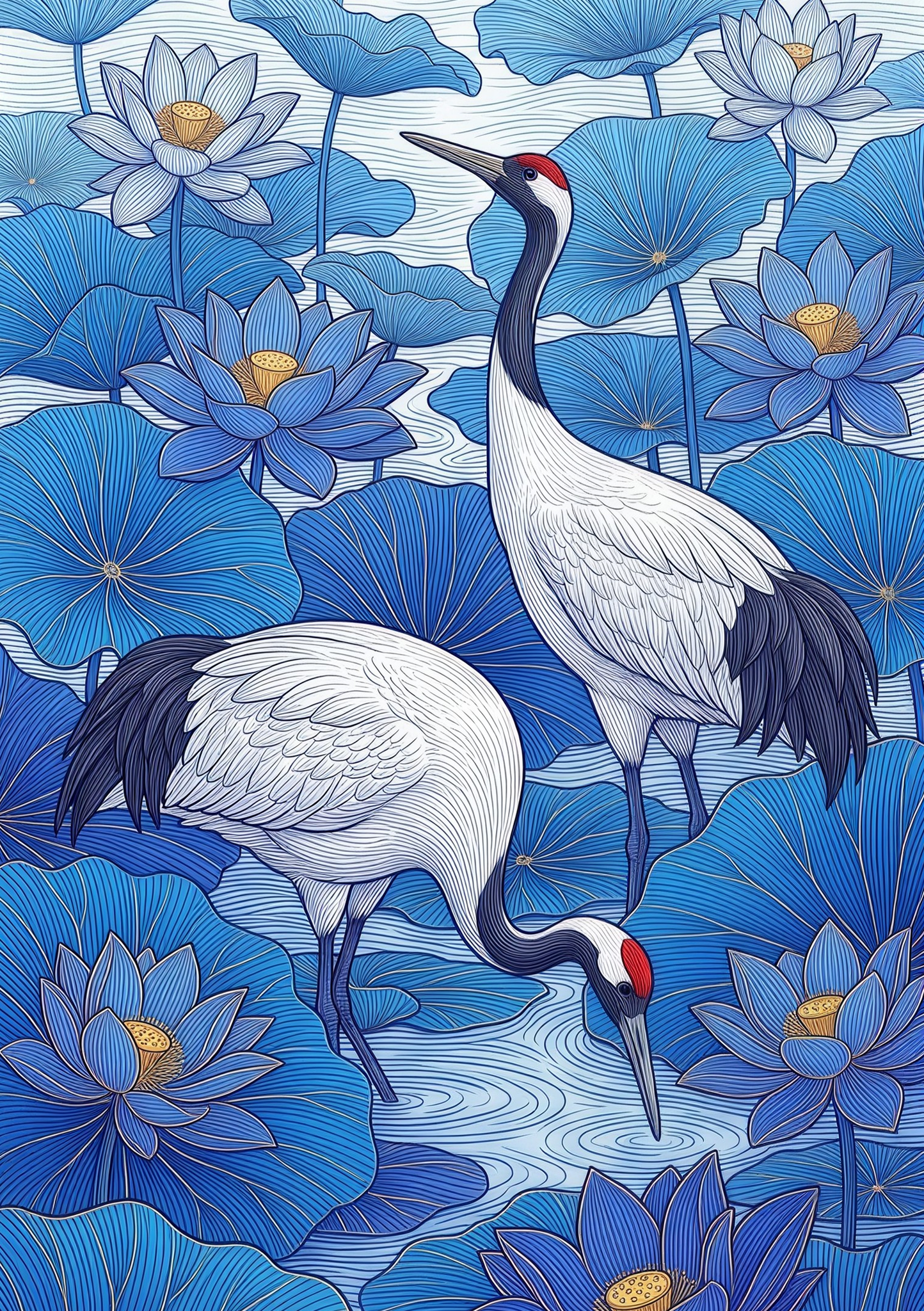 Deux grues parmi des lotus bleus