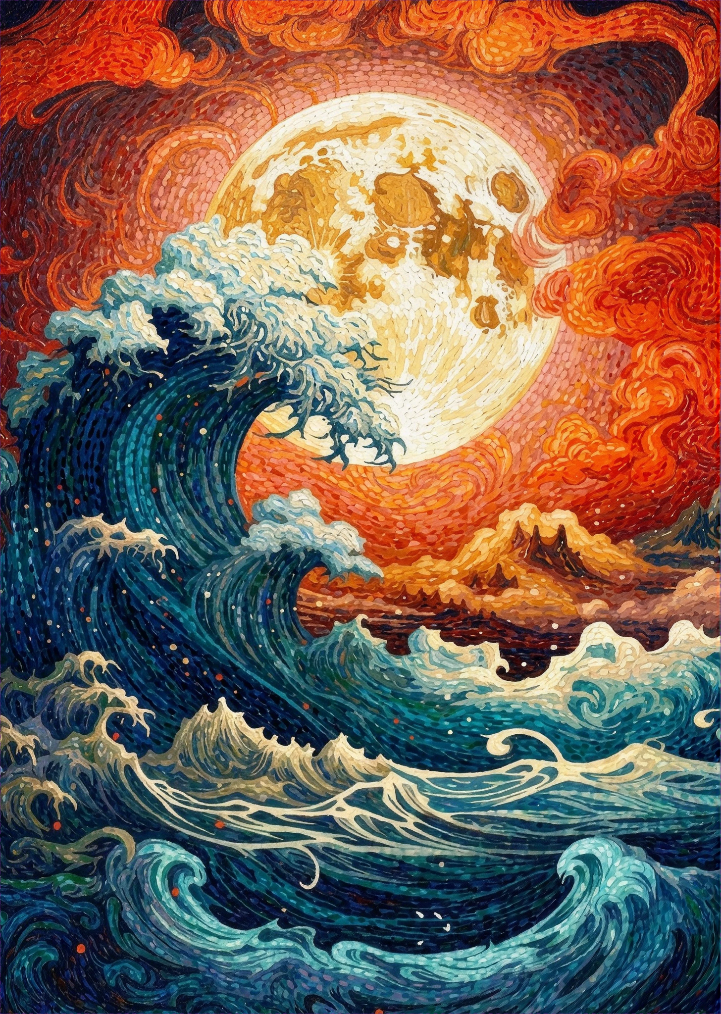Lune orangée au-dessus de vagues turquoise
