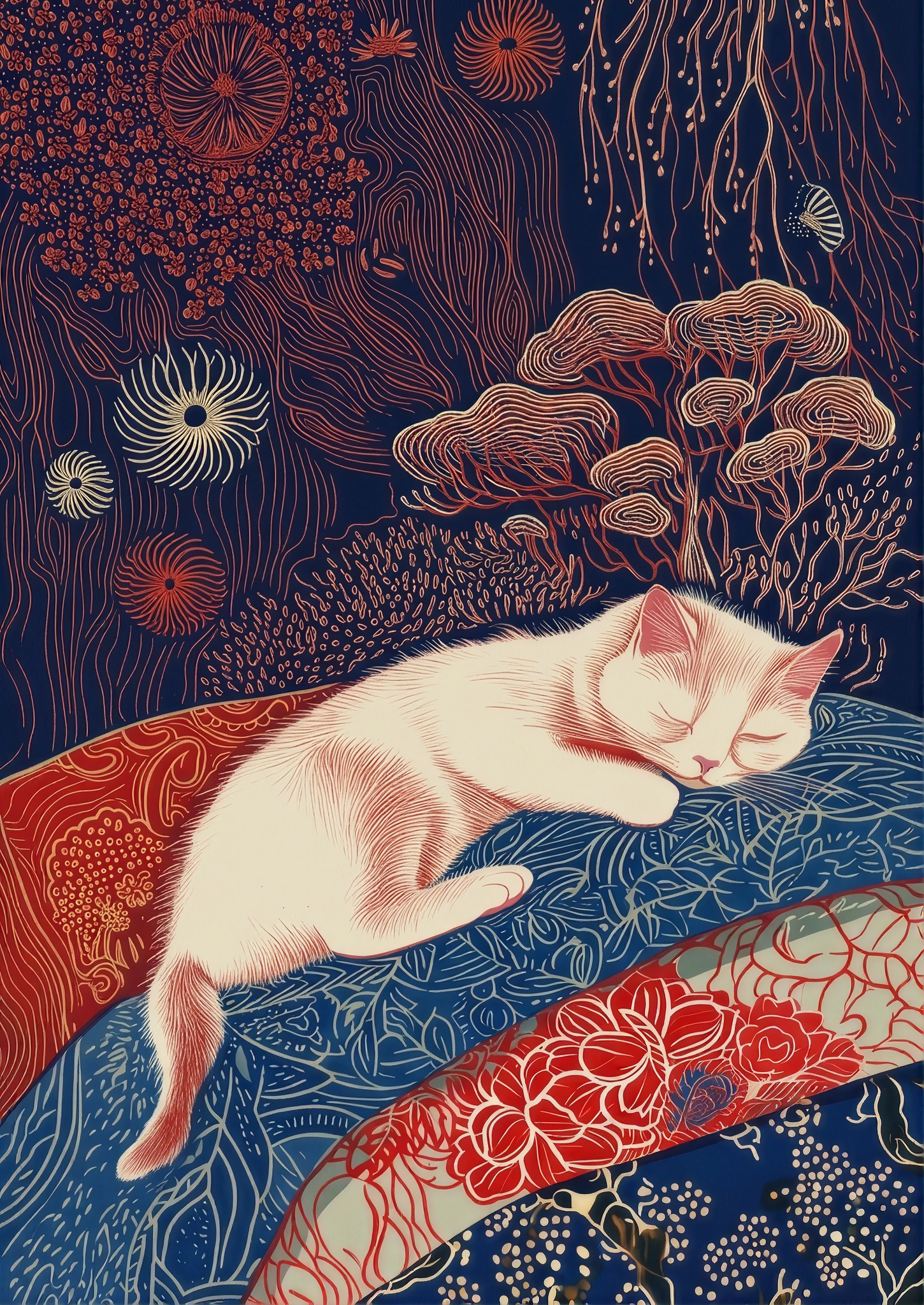 Chat endormi sur des tissus illustrés