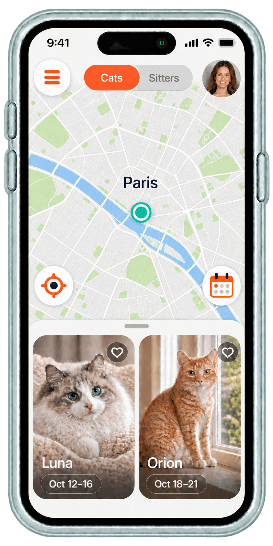 Miau : carte de Paris et chats à proximité, cadre sauge.